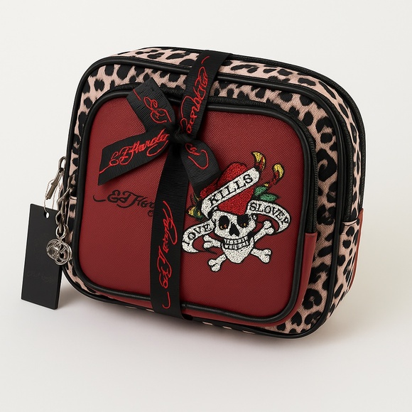 NWT Ed Hardy Love Kills Slowly 2pc Cosmetic Bag Set Leopard Print Rhinestone - Picture 1 of 5